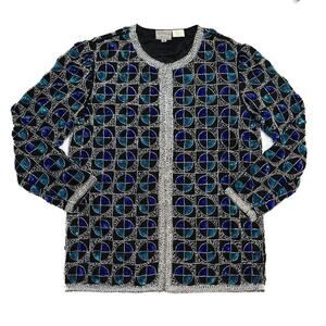 Stenay Vintage Beaded Silk Jacket Multicolor Geometric Women's Medium Formal 80s